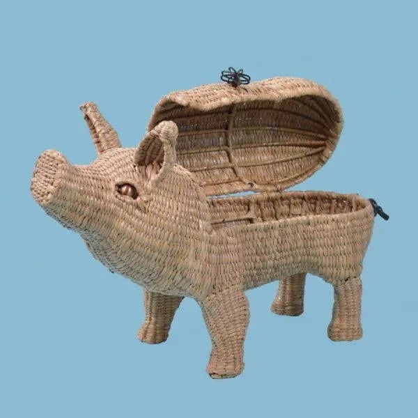 Small Pig Trunk by Mario Lopez Torres. Top opens. There are minor imperfections to the hand-made woven rattan. Signed...
