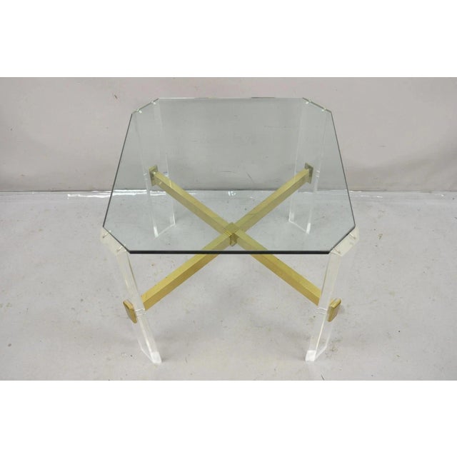 Gold Vintage Mid Century Modern Lucite & Glass Brass Stretcher Occasional Side Table For Sale - Image 8 of 12