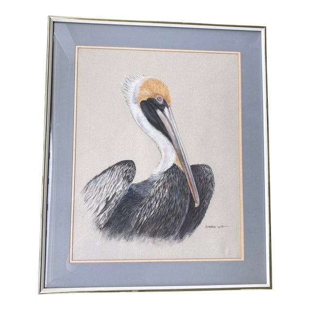 Late 20th Century Large Framed Coastal Pelican Pastel Drawing by Dolores Witt For Sale