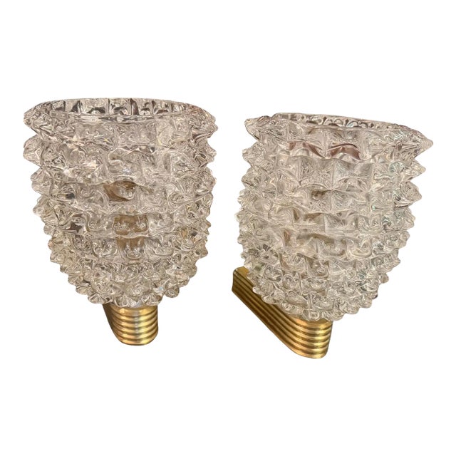 Two 1990 Barovier Style Mid-Century Modern Brass and Rostrato Glass Wall Sconces 8 For Sale