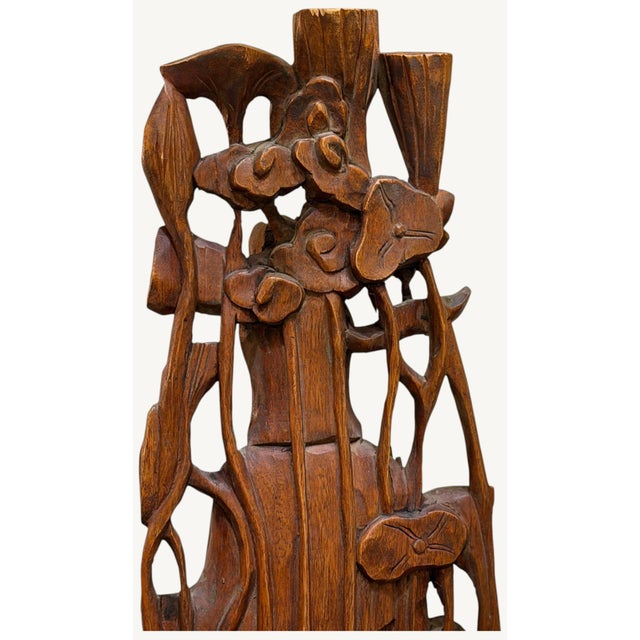 Wood Vintage Chinese Carved Wood Guanyin Kuan Yin Lotus Birds Sculpture 23.75" For Sale - Image 7 of 15