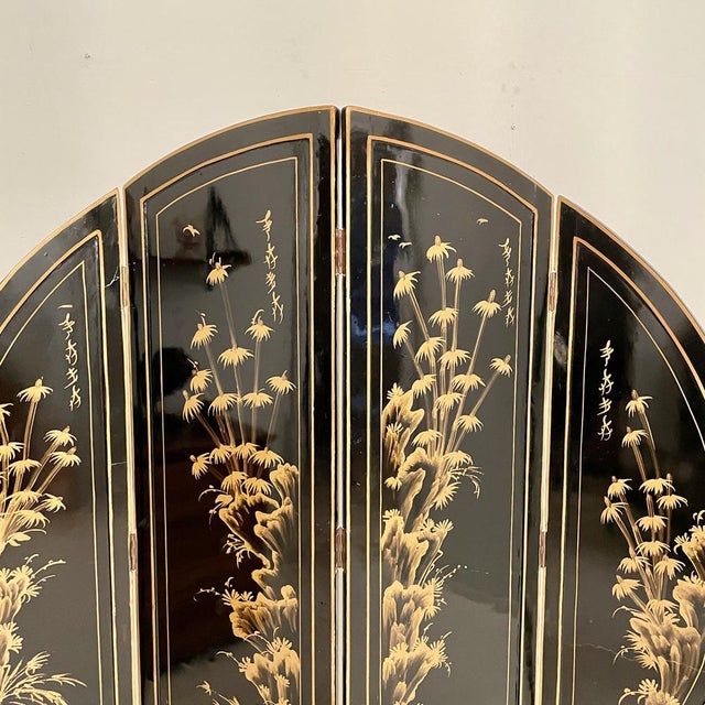 Chinoiserie and Black Lacquer Four-Panel Folding Screen Room Divider, 1930s For Sale - Image 4 of 18