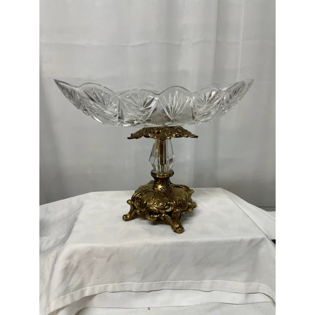 Antique Crystal SawTooth Cut Fruit Bowl on Brass Pedestal For Sale In Atlanta - Image 6 of 8