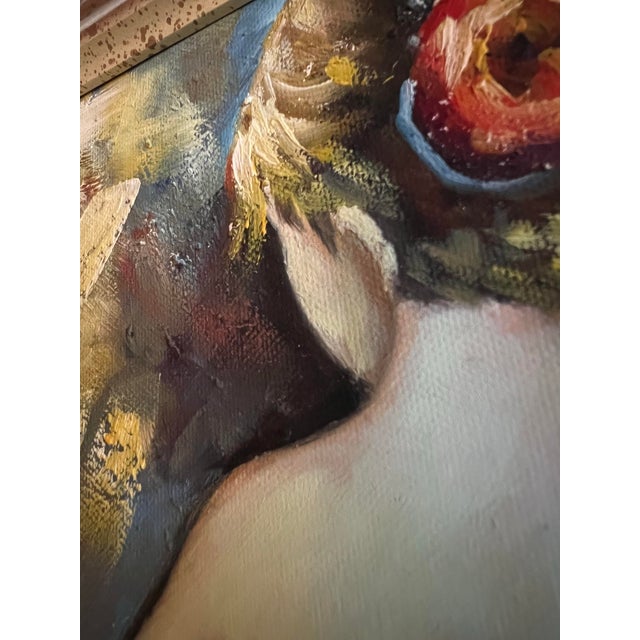 Vintage framed oil painting on canvas of a female figure viewed from behind. The scene is a nude woman with her hair up,...
