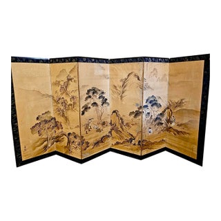 Antique Chinese Panel Folding Screen Byobu Landscape Painting For Sale