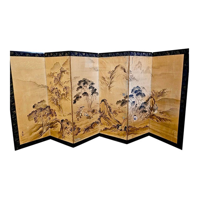 Antique Chinese Panel Folding Screen Byobu Landscape Painting For Sale