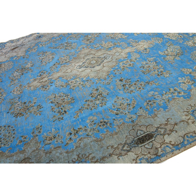 Light Blue Floral Antique Persian Overdyed Wool Rug With Medallion Motif For Sale In New York - Image 6 of 10