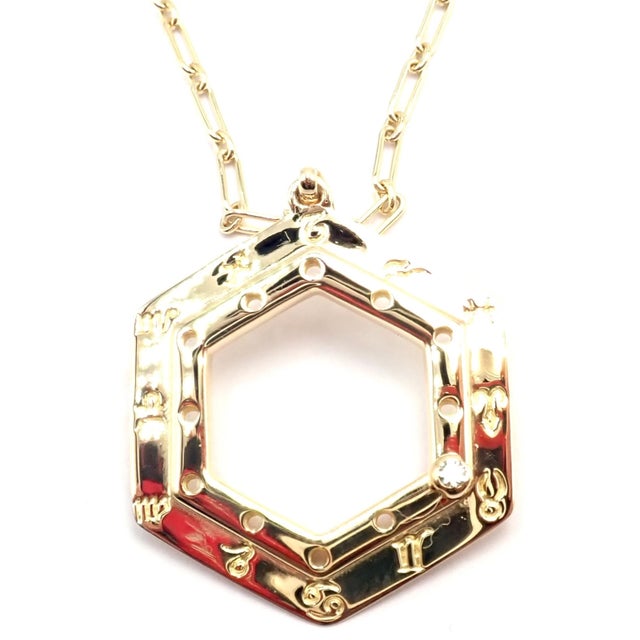 Metal Vintage Cartier Zodiac Yellow Gold Diamond Pendant Link Chain Necklace For Sale - Image 7 of 13