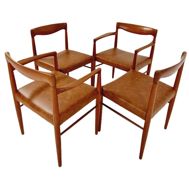 Danish Teak and Congac Faux Leather Dining Chairs by H. W. Klein for Bramin, 1960s, Set of 4 For Sale