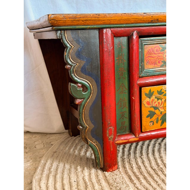 Antique Mongolian Hand-Painted Kang Cabinet / Low Media Console For Sale In New York - Image 6 of 17