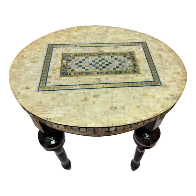 Handmade Shell Inlay End Table – Egyptian Wood & Copper For Sale