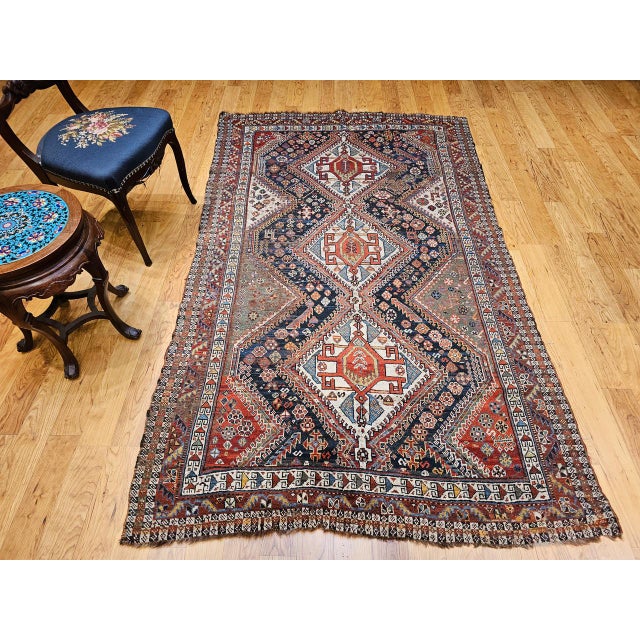 Vintage Persian Qashqai Tribal Area Rug, Hand-Knotted Wool, Geometric Medallions, 4x7, Navy & Red For Sale - Image 9 of 18