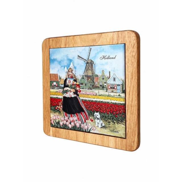 Rustic European Late 20th Century Holland Tulip Garden Ceramic Tile Wall Plaque in a Natural Wood Frame For Sale - Image 3 of 6