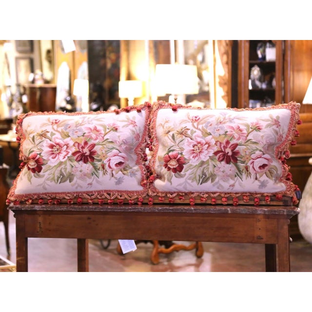Mid 20th Century Pair of French Aubusson Floral Tapestry Pillows With Tassel Trim For Sale - Image 5 of 8