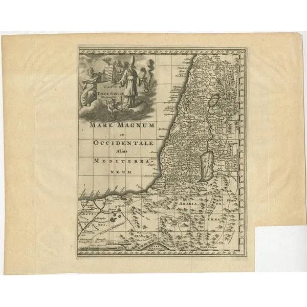 Antique map titled 'Totius Terrae Sanctae'. Original old map of the Holy Land, with a large decorative cartouche. The term...