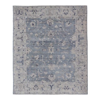 Turkish Angora Oushak Rug With Steel Blue Field and Light Gray Border For Sale