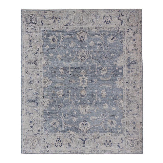 Turkish Angora Oushak Rug With Steel Blue Field and Light Gray Border For Sale