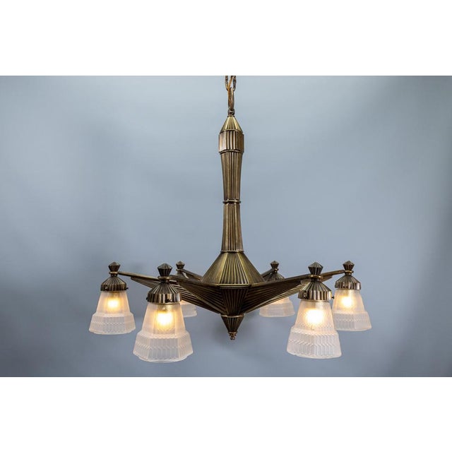 Art Deco French Bronze and Frosted White Glass Six-Light Chandelier, 1920 For Sale - Image 18 of 18
