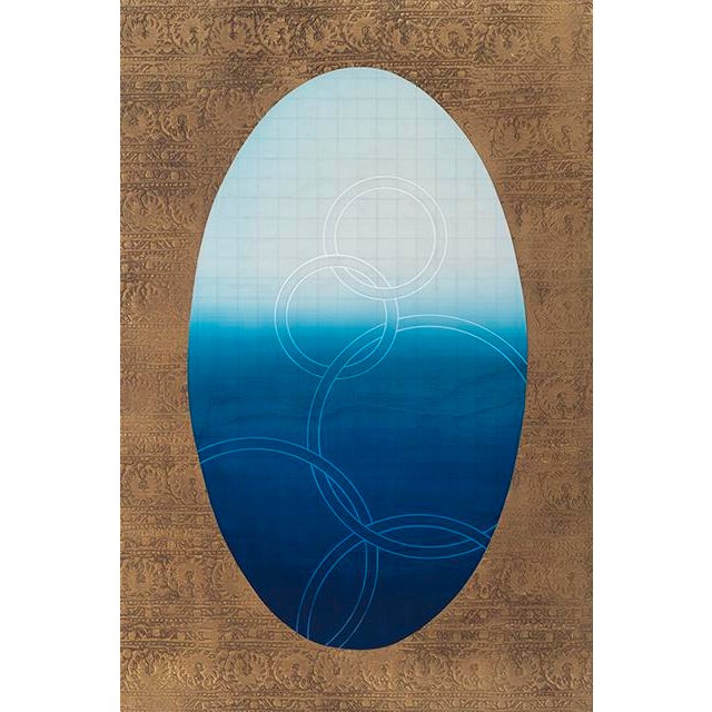 Rebecca Koury "Tapestry of the Ocean #2" Navy Blue Gold Contemporary Abstract Painting, Acrylic and Mixed Media on Canvas, Carmel California Art For Sale