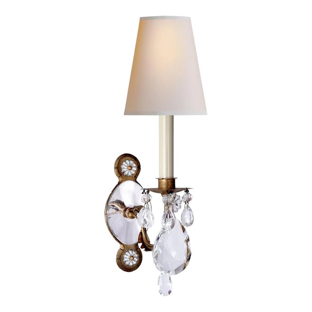 Thomas O'Brien for Visual Comfort Signature Yves Crystal Single Arm Sconce in Gilded Iron & Crystal with Natural Percale Shade For Sale