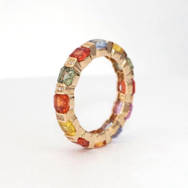 14k Gold Multi-Gemstone Ring With Asscher-Cut Sapphires For Sale - Image 4 of 18