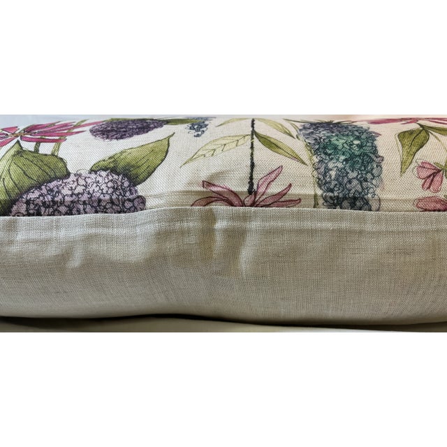 Large Bolster Pillow Decorated With a Playful Pink, Blue & Purple Mid Century Modern Floral Pattern With Darting Dragonflies - Made in the U K For Sale - Image 9 of 11