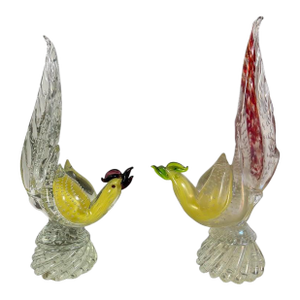 Pair of Vintage Murano Glass Rooster Sculptures, Italy, 1930s