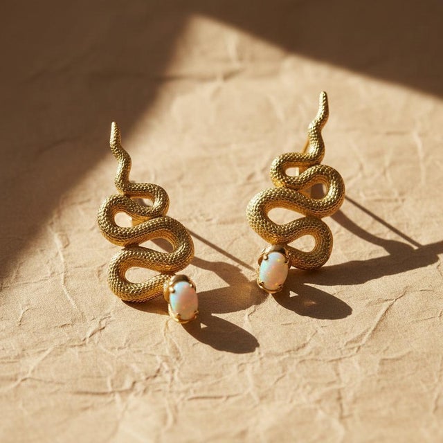 White Massive Snake Earrings With Opals in Opened Mouth, Pair For Sale - Image 8 of 10