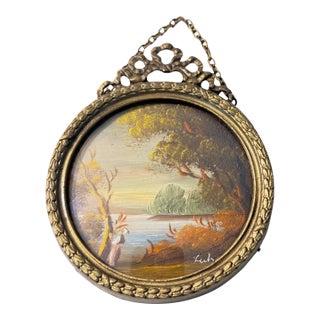 Vintage Italian Miniature Oil Landscape Painting in Ornate Victorian Brass Frame | Signed For Sale