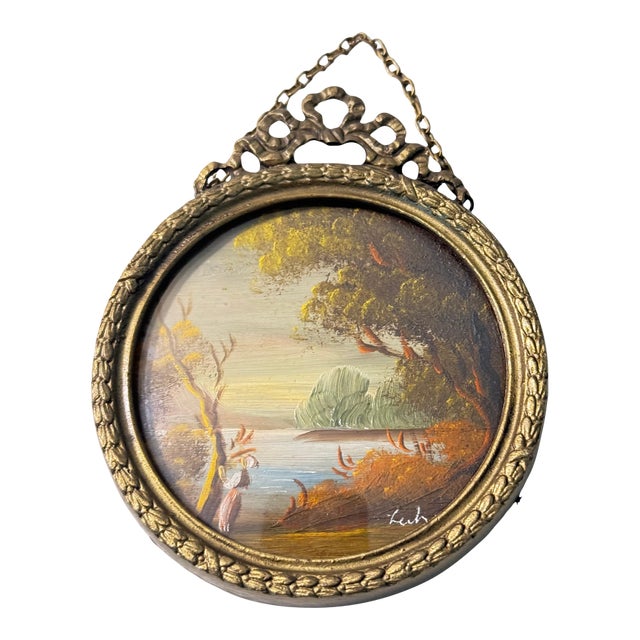 Vintage Italian Miniature Oil Landscape Painting in Ornate Victorian Brass Frame | Signed For Sale
