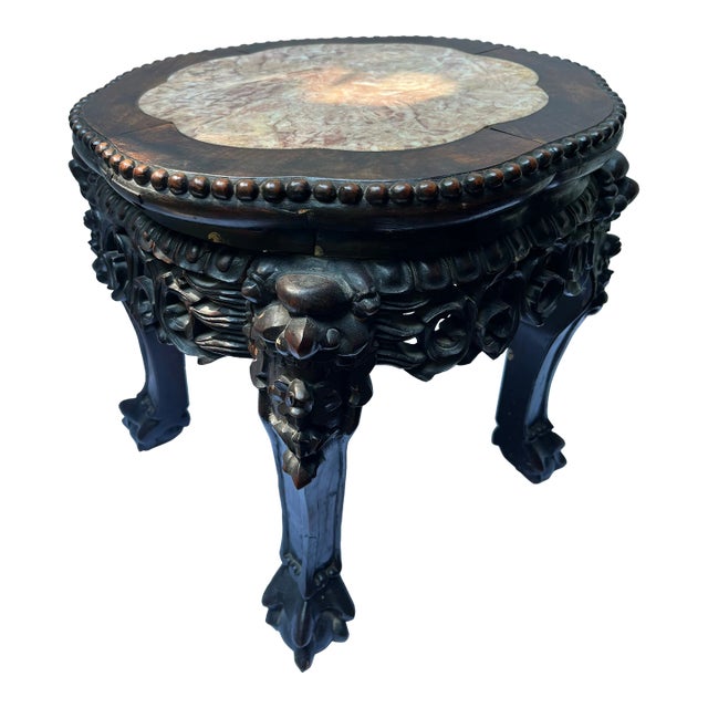 Antique Chinese Carved Wood and Marble Stand For Sale