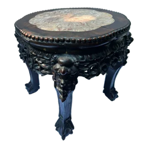 Antique Chinese Carved Wood and Marble Stand