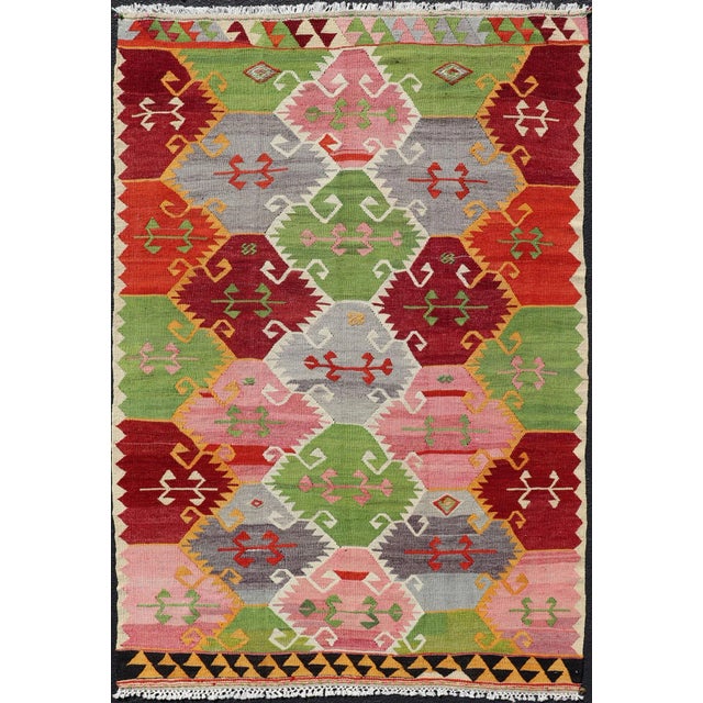 Mid 20th Century Vintage Turkish Kilim With Bright & Colorful Geometric Diamond Design For Sale - Image 12 of 12