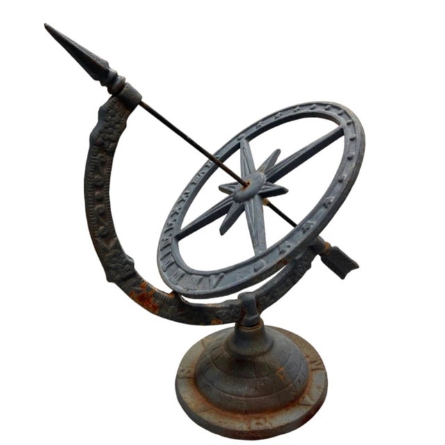 Vintage Cast Iron Armillary Sphere Sundial With Arrow Gnomon For Sale - Image 4 of 12