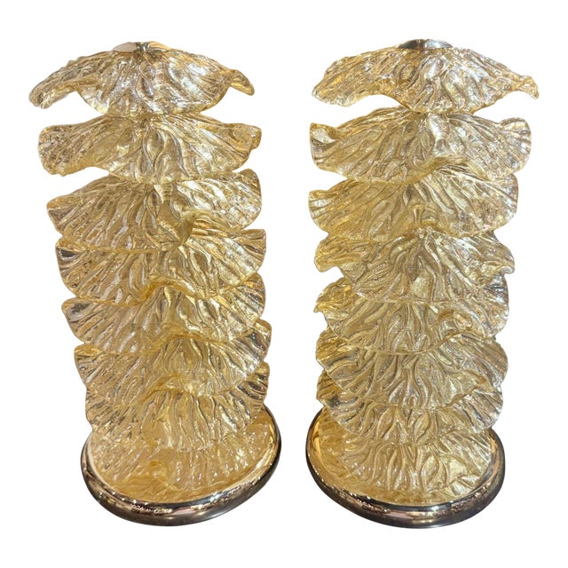 Pair of Murano Gold Glass Ruffle Lamps For Sale