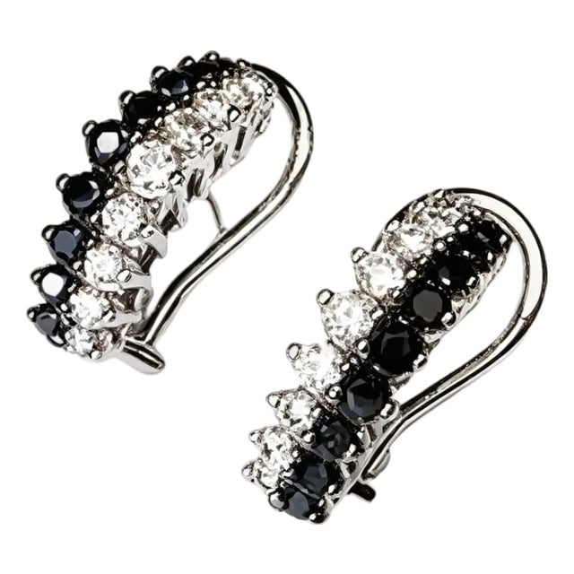 Late 20th Century Pair of 14K White Gold Black Diamond Hoop Earrings For Sale