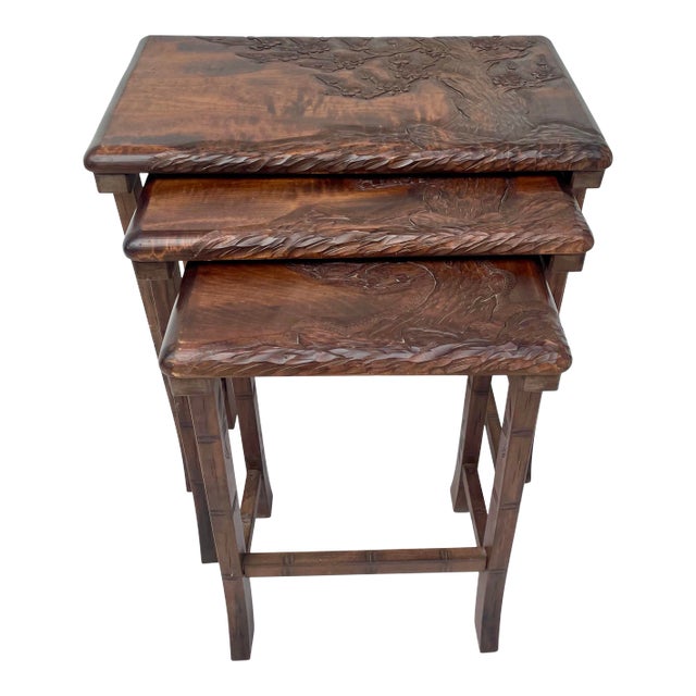Vintage Hand-Carved Wood Cherry Blossom Asian Nesting Tables For Sale