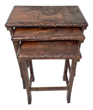 Vintage Hand-Carved Wood Cherry Blossom Asian Nesting Tables