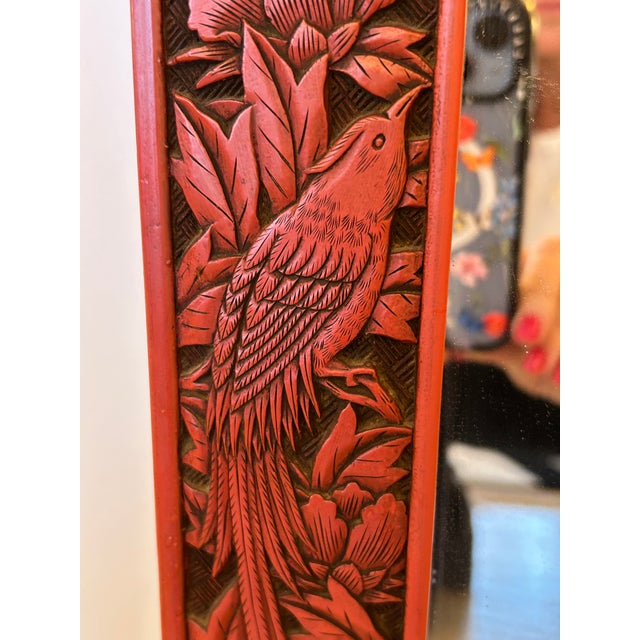 Mid 19th Century Rare Cinnabar Carved Wood Rectangular Chinese Mirror With Birds For Sale - Image 5 of 12