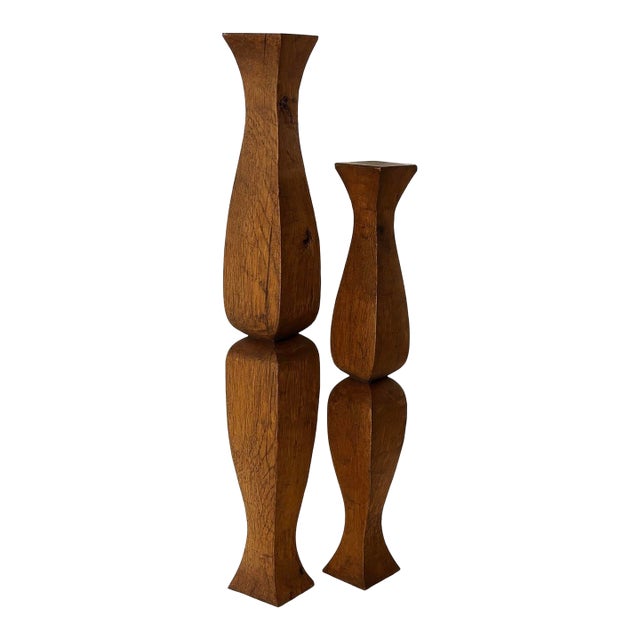 22” & 17” Architectural Hand-Carved Wood Totem Duo Organic Modern Sculpture 1970 For Sale