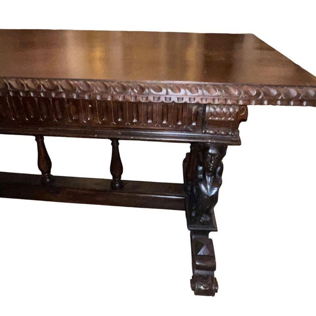 Traditional Renaissance Revival Carved Walnut Trestle Continental Table. Italy, Late 19th C. For Sale - Image 3 of 8