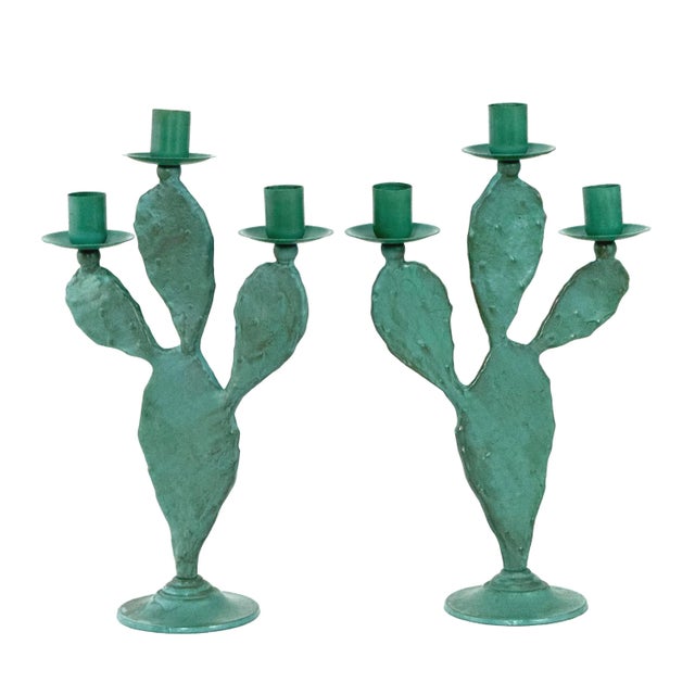 Vintage 1990s Pair of (2) Turquoise Prickly Pear Cactus Candelabras Metal Candle Stick Holders For Sale In Philadelphia - Image 6 of 17