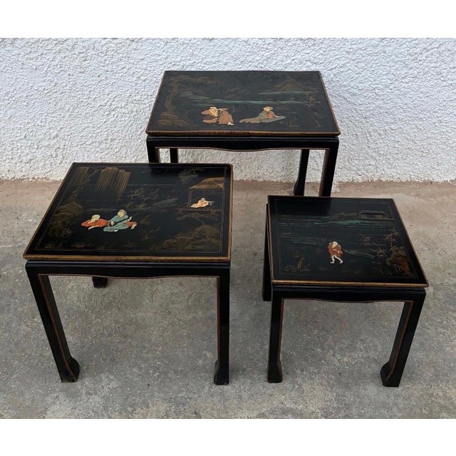 1960s 1960s Set of Three Antique Chinese Lacquered Nesting Tables For Sale - Image 5 of 11