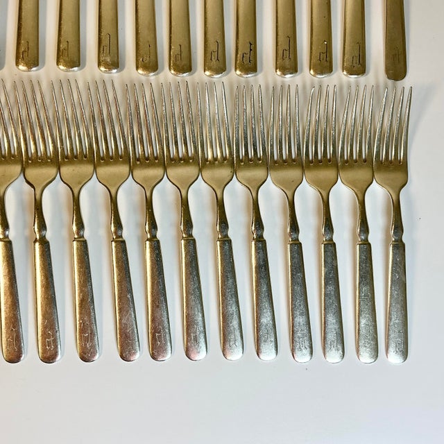 Mid 1800s Antique English Boho Chic Monogrammed Silver Plate Knives and Forks - Set of 70 For Sale - Image 4 of 17