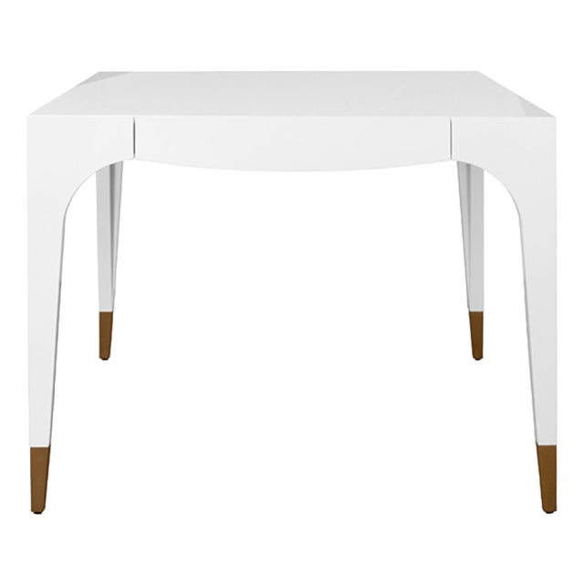 Matthew Izzo Home Lacey White Lacquer Two Drawer Game Table With Antique Brass Foot Caps For Sale