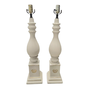 Vintage Traditional Wheat Crest Lenox Style White Gold Extra Tall Turned Table Lamps- A Pair