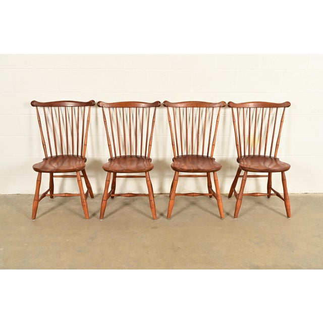 American L. & J. G. Stickley American Colonial Solid Cherry Wood Spindle Back Windsor Dining Chairs, Set of Four For Sale - Image 3 of 15