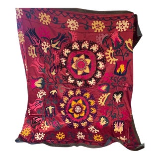 Vintage Uzbek Suzani Silk Embroidered Tapestry, Circa 1960s–1970s, Large 74” X 74” Central Asian Wall Hanging [Af] For Sale