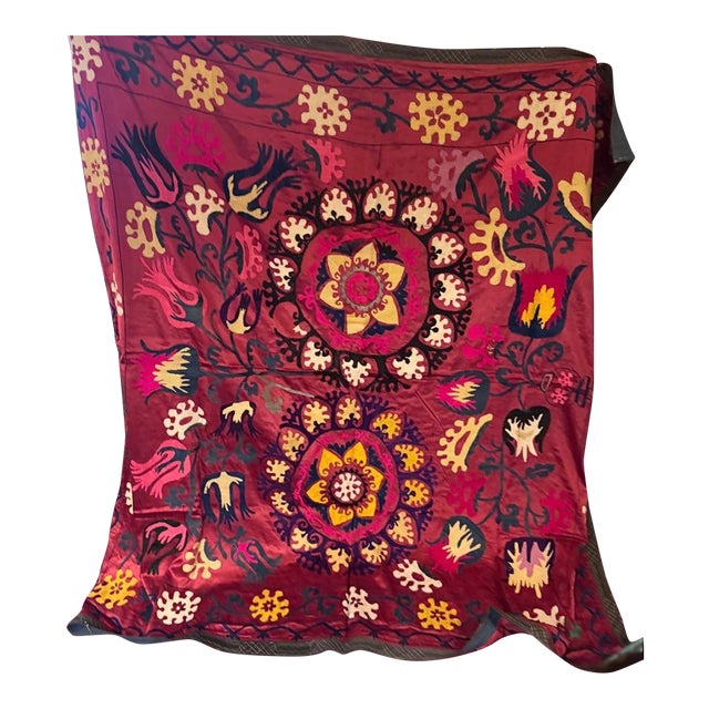 Vintage Uzbek Suzani Silk Embroidered Tapestry, Circa 1960s–1970s, Large 74” X 74” Central Asian Wall Hanging [Af] For Sale