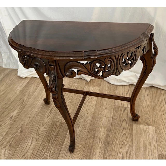 Brown Antique French Demilune Console Table Hand Carved Petite Size Mahogany For Sale - Image 8 of 12